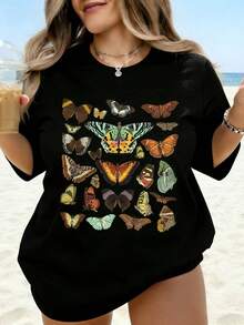 Camiseta Blanca con Estampado de Mariposas para Mujer, Estilo Casual de Playa, Talla Grande, Camisetas Gráficas para Mujer, Moda Inspirada en la Naturaleza, Camisa Estilo Túnica de Corte Hol - Negro - Ver 1