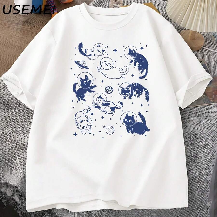 Camisetas gráficas Retro de gatos en el espacio de los años 90, camiseta Vintage de gatos de astronauta, camiseta divertida con estampado de gatito, cómoda camiseta de cuello redondo - Multicolor - Ver 1