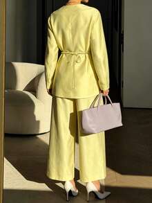 Women's Solid Color Elegant Tie-Neck Long Sleeve Top And Solid Color Long Pants Minimalist Casual 2 Pieces Set Yellow - Yellow - View 2