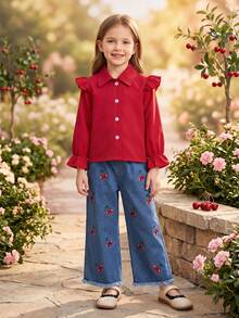 2 Stücke Baby Mädchen Mode Puppen Kragen Knopf Strickjacke und lässige retro Kirschprint weite Schlupfhose Set, Frühling/Sommer - Dunkle Waschung - Übersicht 10