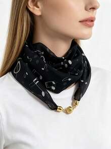 1pc Women's Music Note Print Magnetic Buckle Square Scarf, Lightweight Faux Silk Material, Scarf With Built-In Buckle - Multicolor - View 2
