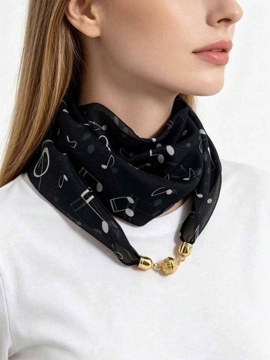 1pc Women's Music Note Print Magnetic Buckle Square Scarf, Lightweight Faux Silk Material, Scarf With Built-In Buckle