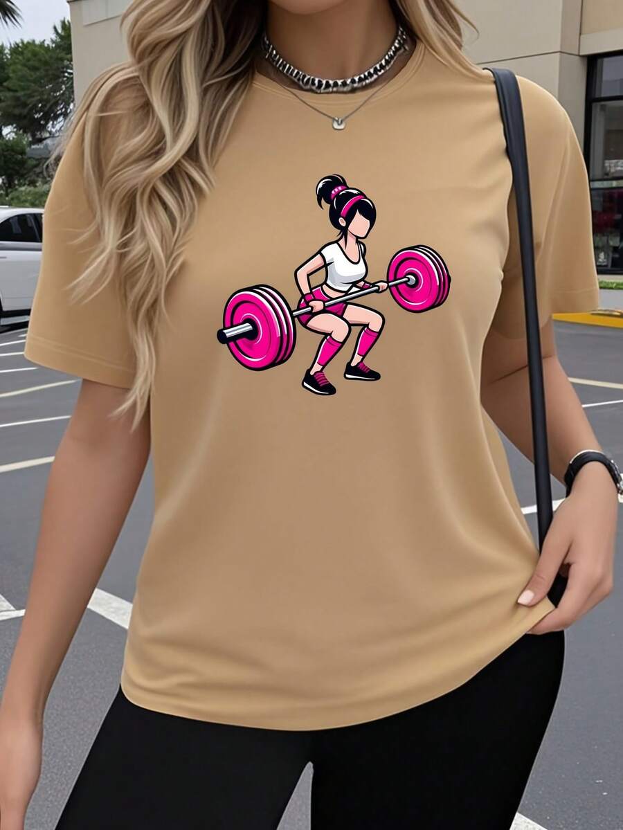 Camiseta de manga corta de una pieza para mujer, diseño GYM con estampado de patrón popular, divertido, creativo, artístico y de moda, top de cuello redondo elástico y transpirable, ropa có - Blanco - Ver 1