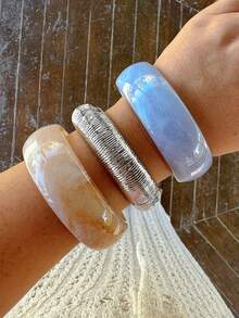 BOHO 3pcs/1pc Vintage Elegant Bohemian Summer Vacation Style Fashion Daily Geometric Asymmetric Exaggerated Thick Blue Silver Yellow Colorful Gradient Resin Bangle Set CCB Acrylic Twisted Rope Bracelet Set Layered Y2K Fresh Cute Jewelry Accessories For Women Summer Beach Party Birthday Daily Wear Gift For Girls - Multicolor - View 5
