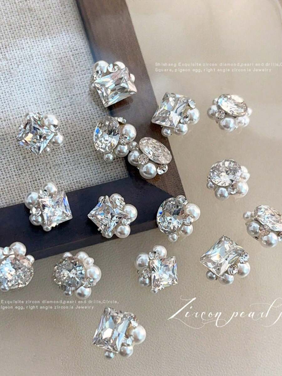 5pcs Sparkling Zirconia & Pearl Rhinestone Nail Art Decor, 3D Round Pigeon Egg Style Right Angle Finished Accessories Nail Charms