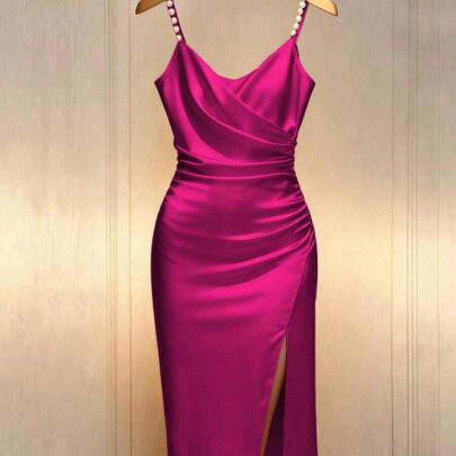 Elegante vestido ajustado de color champán con cuello cruzado francés romántico, cintura ceñida y adorno de perlas con abertura - Rosa - Ver 1