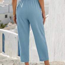Soqi Women's Clothing  Pantalones casuales de verano para mujer con cintura elástica y bolsillos - Café integral - Ver 3