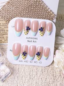 10 Stück handgefertigte mandelförmige Nagelaufkleber, Blau & Gelb Kontrast, französische Spitzenkante, Polka Dot, handgemalte Blaubeere, lebhaft sonnig, exquisite Sommer-Maniküre, schnell entfernbar, Press-On Kunstnägel - Verschiedenfarbig - Übersicht 13