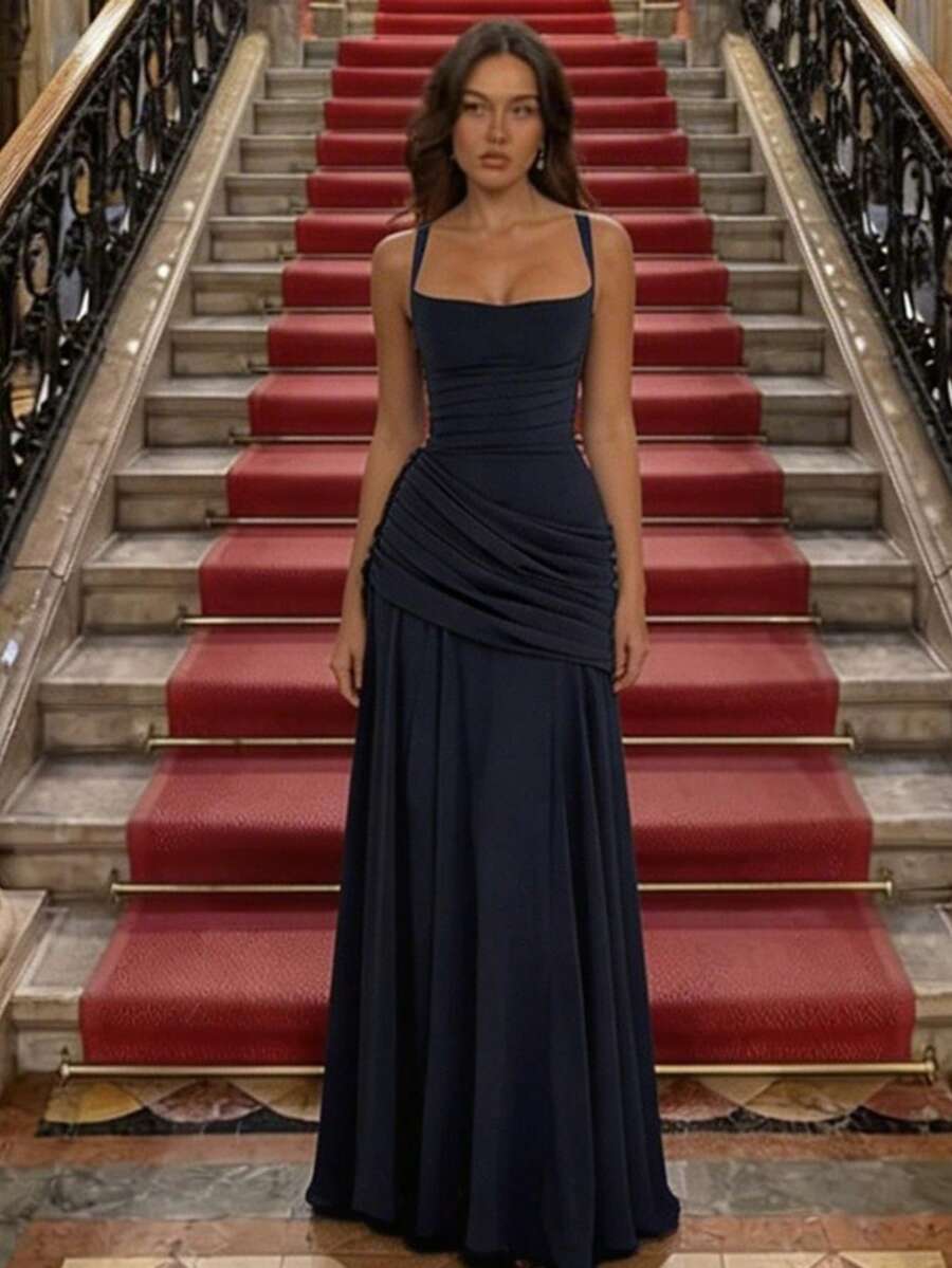 Elegant Sleeveless Long Party Dress For Women, Solid Color, European Style, New Fashion Wrap Dress - Navy Blue - View 1