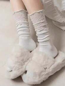 1 Pair White Lace Breathable Calf Socks, Random Delivery - White - View 3