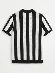 GRDR Men's Spring/Summer Turn-Down Collar Short Sleeve Half-Zip Black & White Wide Stripe Hollow Knit Polo Shirt - Fashionable Versatile Daily Wear - Black - View 7