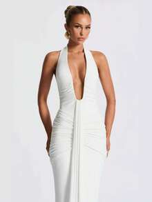 Vestido largo plisado cuello V profundo espalda descubierta ajustado sexy estilo europeo moda verano - Blanco - Ver 3