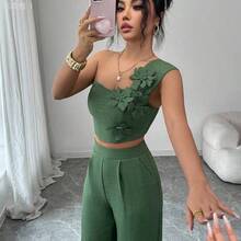 jianchaimaoyi02  Elegante conjunto de 2 piezas de top sin mangas y pantalones con decoración floral 3D para vacaciones casuales para mujeres - Azul - Ver 6