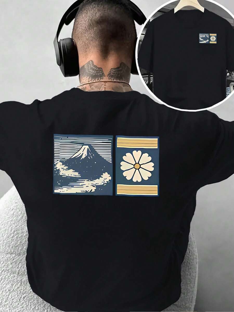 Camiseta de moda para hombre con diseño creativo de doble cara Ukiyo-e Print: Estilo Japonés con Personalidad Artística, adecuada para uso diario casual en casa o para actividades de fitne - Negro - Ver 1