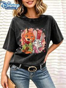 Zootopia Nick And Judy Couple Print Pattern Black Washed Pure Cotton T-Shirt - 黑色 - 查看 3