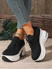 Summer New Thick Sole Women's Elastic Slip-On Wedge Shoes With Rhinestone Decor, Height-Increasing Breathable Casual Shoes - Black - View 6