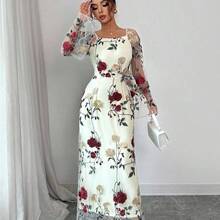 Vestido elegante con cuello cuadrado y transparente, con bordado floral, adecuado para reuniones y ocasiones formales, ropa de resort para primavera/verano (bordado aleatorio) - azul real - Ver 5