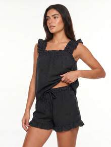 Women Summer Pajama Set Solid Flying Sleeve Tank Tops And Ruffle Shorts 2 Piece Casual Lounge Outfit - Black and White - View 6