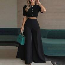 Conjunto dos piezas: blusa corta y pantalones, nueva  primavera, ropa de mujer casual y elegante - Negro - Ver 4