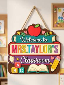 1pc Personalized Teacher Classroom Door Sign, Custom Text,Personalized Apple/Puzzle Design Wooden Door Hanger,Wooden Hanging Plaque, Back To School Welcome Sign Decor, Perfect Teacher Appreciation Gift - Multicolor - View 14