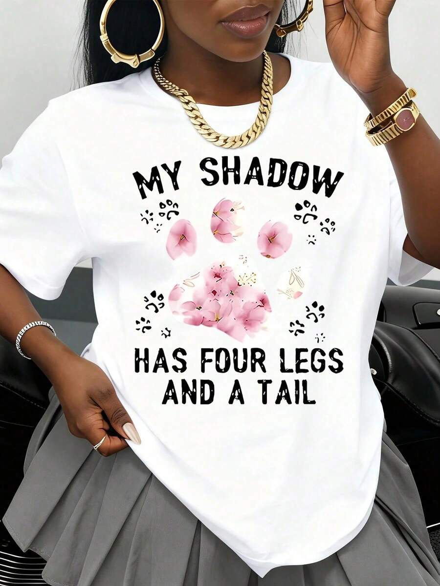 My Shadow Has Four Paws And A Tail, Pink T-Shirt With Floral Paw Print For Dog Lovers, Women's Casual Summer Graphic Tee, Gift For Pet Owners - 白色 - 查看 1