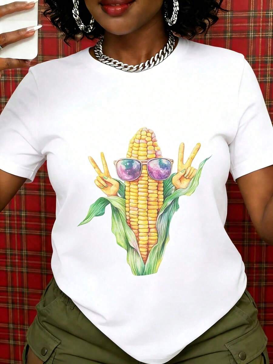 Unisex Graphic T-Shirt With Cool Corn Design Featuring Sunglasses And Peace Symbols, Summer Casual Wear, Fun Food Design, White T-Shirt For Men And Women, Streetwear - 白色 - 查看 1