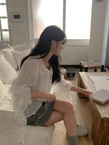 YCYC 甜美風百搭修身荷葉領緞帶百褶鈕扣長袖上衣 白色 - 白色 - 查看 3