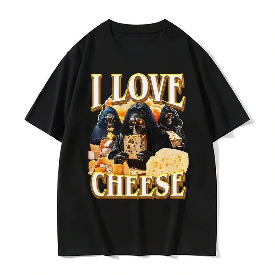 Camisetas vintage con estampado de meme de esqueleto y 'I Love Cheese', camisetas gráficas góticas divertidas para mujer, tops de verano con cuello redondo estilo streetwear - Multicolor - Ver 1