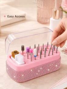 Caja de almacenamiento y exhibición con cepillo para brocas de taladro de uñas con 30 ranuras, decorada con diamante de imitación - Multicolor - Ver 1