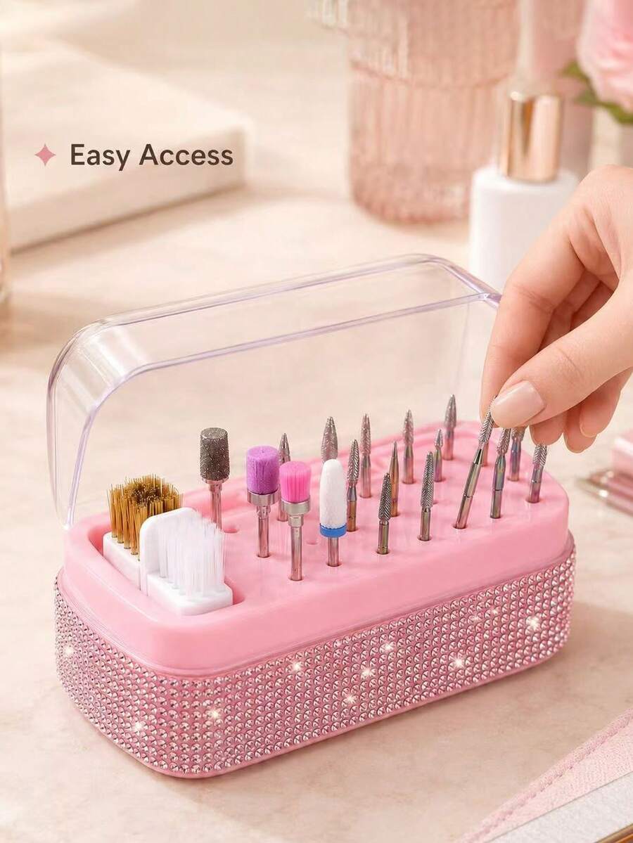Caja de almacenamiento y exhibición con cepillo para brocas de taladro de uñas con 30 ranuras, decorada con diamante de imitación - Multicolor - Ver 1