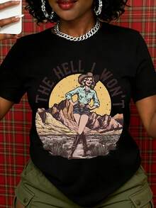 Women's Western Cowboy Graphic T-Shirt "The Hell I Won't", Vintage Retro Style, Desert Landscape Print, Short Sleeve, For Casual Wear And Outdoor Adventures - 黑色 - 查看 1