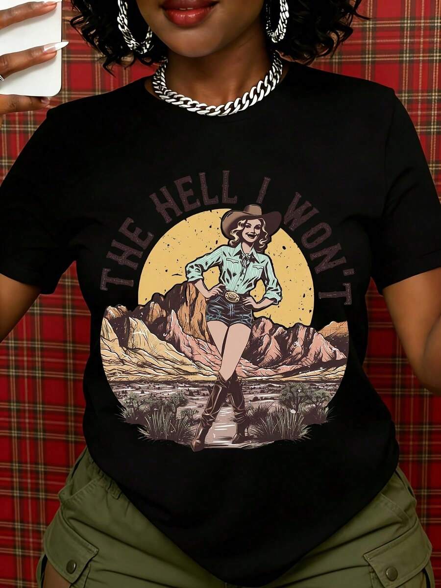 Women's Western Cowboy Graphic T-Shirt "The Hell I Won't", Vintage Retro Style, Desert Landscape Print, Short Sleeve, For Casual Wear And Outdoor Adventures - 黑色 - 查看 1