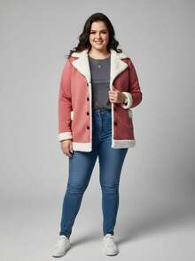 Vivi Women's Plus Size Coat With Button, Plush, Thick, Long Sleeve Winter - Dusty Pink - View 1
