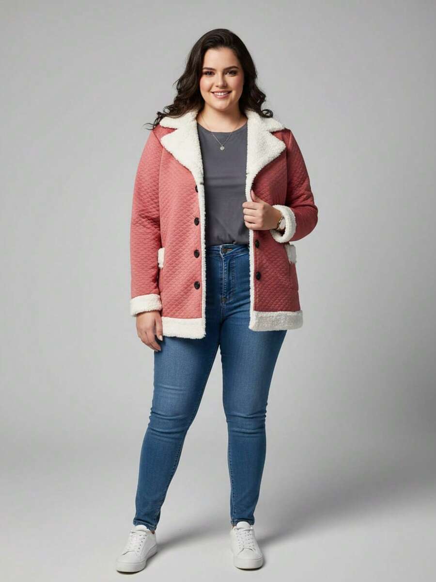 Vivi Women's Plus Size Coat With Button, Plush, Thick, Long Sleeve Winter - Dusty Pink - View 1