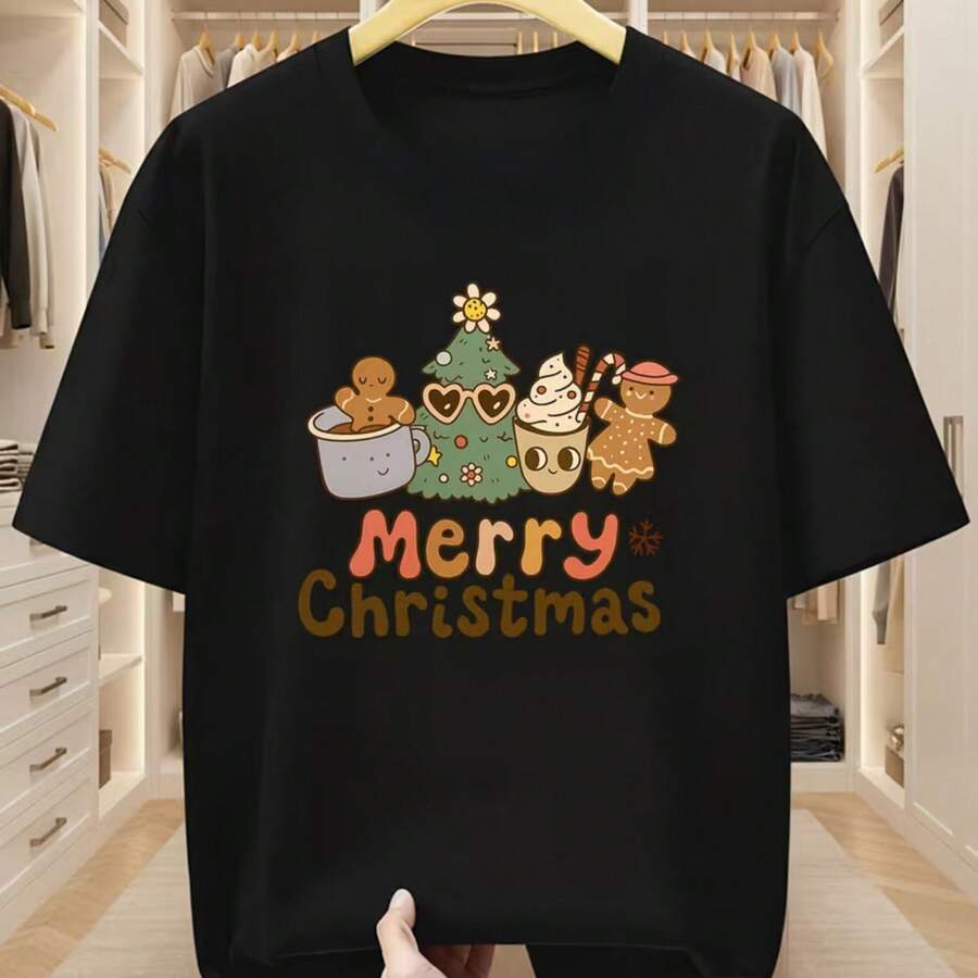 Camisetas de Hombre Talla Grande 100% Tema Navideño Estampado Lindo Cuello Redondo Camiseta Hombre de Pan de Jengibre Árbol de Navidad Patrón de Café Cómoda Casual Camiseta de Manga Corta en - Negro - Ver 1