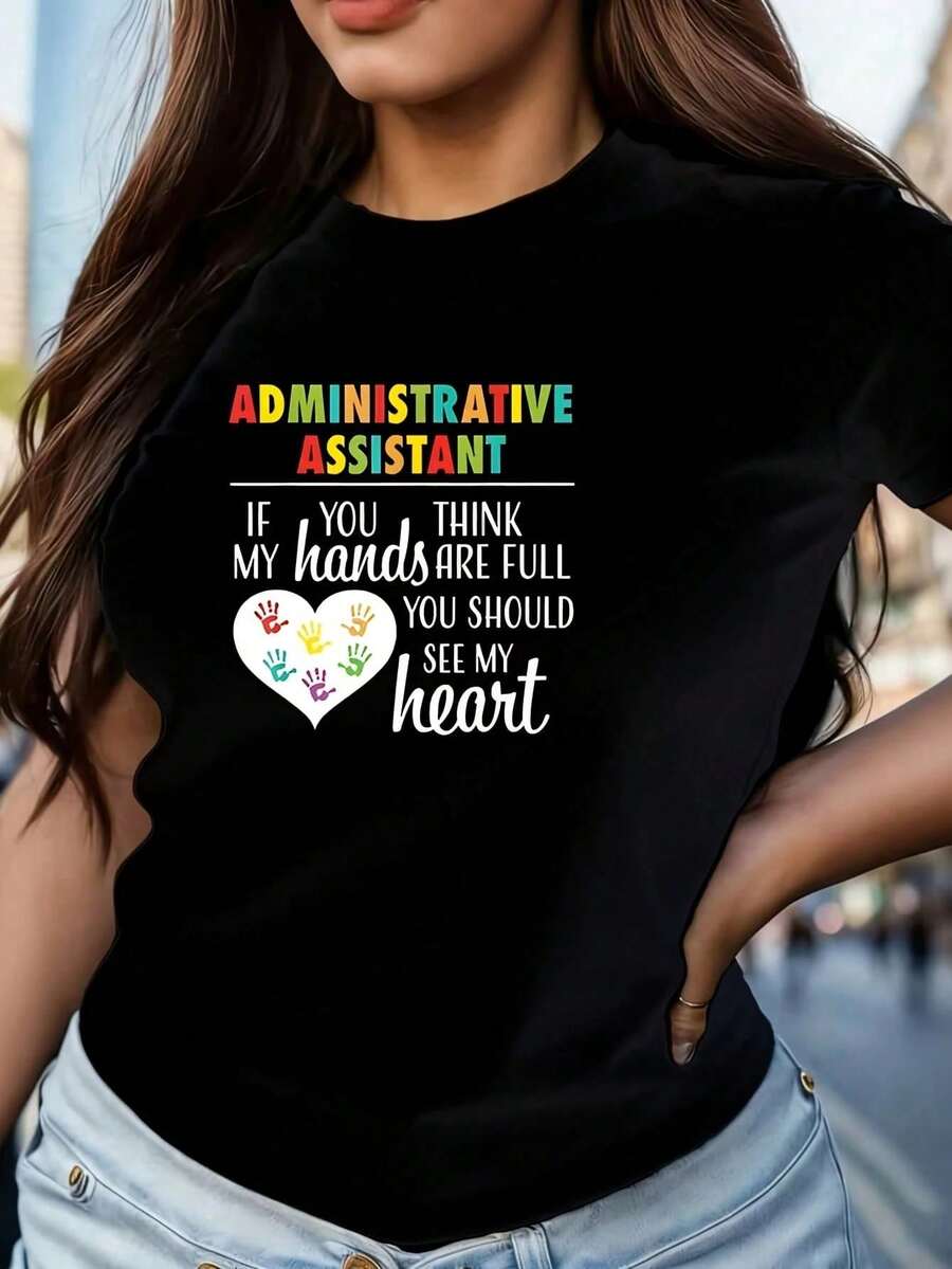 Asistente Administrativa Gracias Por El Regalo Camiseta de Manga Corta para Mujer Talla Grande con Estampado de Huella Dactilar Negra y Colorida y Mensaje Sentimental, Cuello Redondo, Novedo - Negro - Ver 1