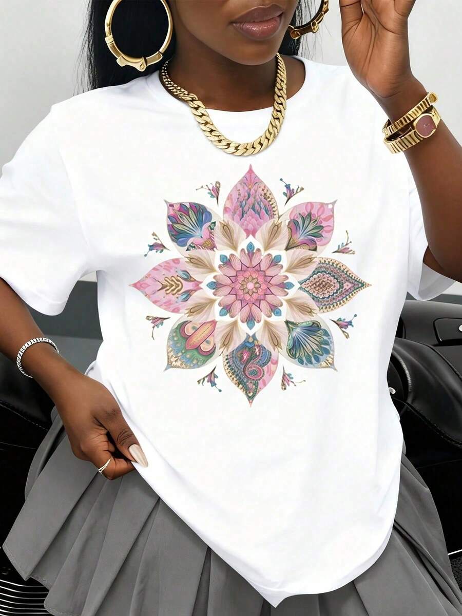 Camiseta Blanca con Diseño de Flores Mandala Coloridas para Mujer, Top Casual de Manga Corta, Estilo Boho, Camiseta Gráfica para Uso Diario, Moda de Verano, , Ropa Urbana, Regalo pa - Blanco - Ver 1