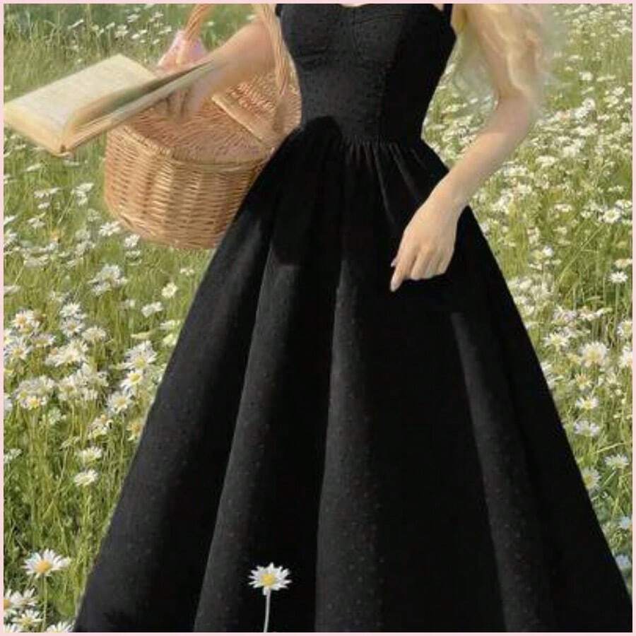 MOD Vestido de verano de mujer con tirantes anudados y estampado floral romántico - Negro - Ver 1