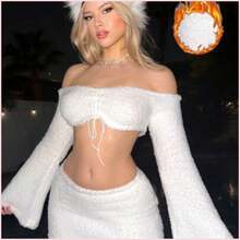 Set de 2 piezas con top de manga larga abombada y hombros descubiertos y falda de cintura baja en color blanco esponjoso, para invierno - Blanco - Ver 1