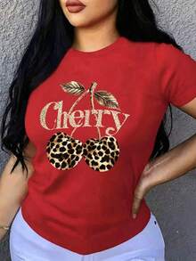 Playera Mujer "Cherry Leopardo" - Diseño Chic de Cerezas con Estampado Animal EGXG - Rojo - Ver 2