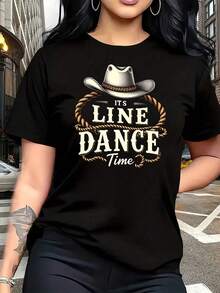 Camiseta de Mujer con Temática de Baile Country, con Estampado de Sombrero de Vaquero y Letras de Cuerda, Talla Grande, 1 Pieza, Camiseta Divertida con Gráficos, Manga Corta, Novedosa, 100% - Negro - Ver 1