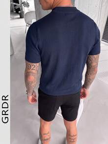 GRDR Men's Summer Short Sleeve Solid Color Knit Polo Shirt, Suitable For Summer Outings, Essential For Fashionable Styling - Navy Blue - View 7