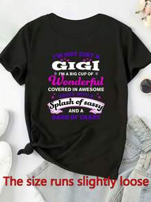 Camiseta Casual de Manga Corta para Mujer GIGI pired - Patrón Geométrico Negro con la Frase Atrevida "No soy solo una GIGI", Poliéster Suave, Colección Primavera Verano, Lavable a Máquina, T - negro - Ver 1