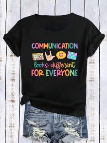 Black T-Shirt With Inspirational Phrase, Graphic Communication Print, Casual Loose Fit, Short Sleeves With Colorful Lettering And Icon Design - 黑色 - 查看 3