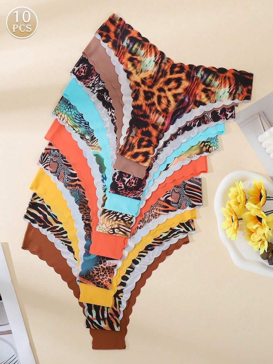 10 piezas/paquete - Bragas sin costuras con borde ondulado para mujeres, tela cómoda y sexy amigable con la piel, bragas de bikini sin costuras para damas - Beis - Ver 1