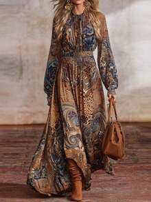 REFRESH YOUR WARDROBE NOW! Women's Boho Dress, Balloon Sleeves, Full Skirt, Bohemian Print, Figure-Flattering, Best Seller, Perfect For Vacations, Parties, Summer Looks - 駝色 - 查看 11