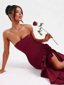 Women's Strapless Summer Dress With Open Back, Fitted Hip Cut, Elegant European Style, Ideal For Parties And Casual Wear, New Feminine Fashion - 紅色 - 查看 4
