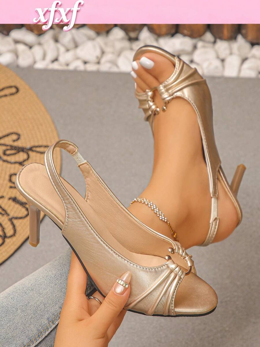 Teen Pleated Toe Baring High-Heeled Sandals With Toe Straps, Breathable And Suitable For School, Party, Shopping And Other Occasions. - Champagne - View 1