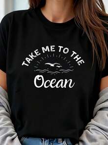 I Love Destin Beach Florida FL Atlantic Ocean Wave 1 Piece Women's Plus Size T-Shirt, 220g Short Sleeve Graphic Tee, Novelty, 100% Polyester, Casual Cue T-Shirt - 黑色 - 查看 1