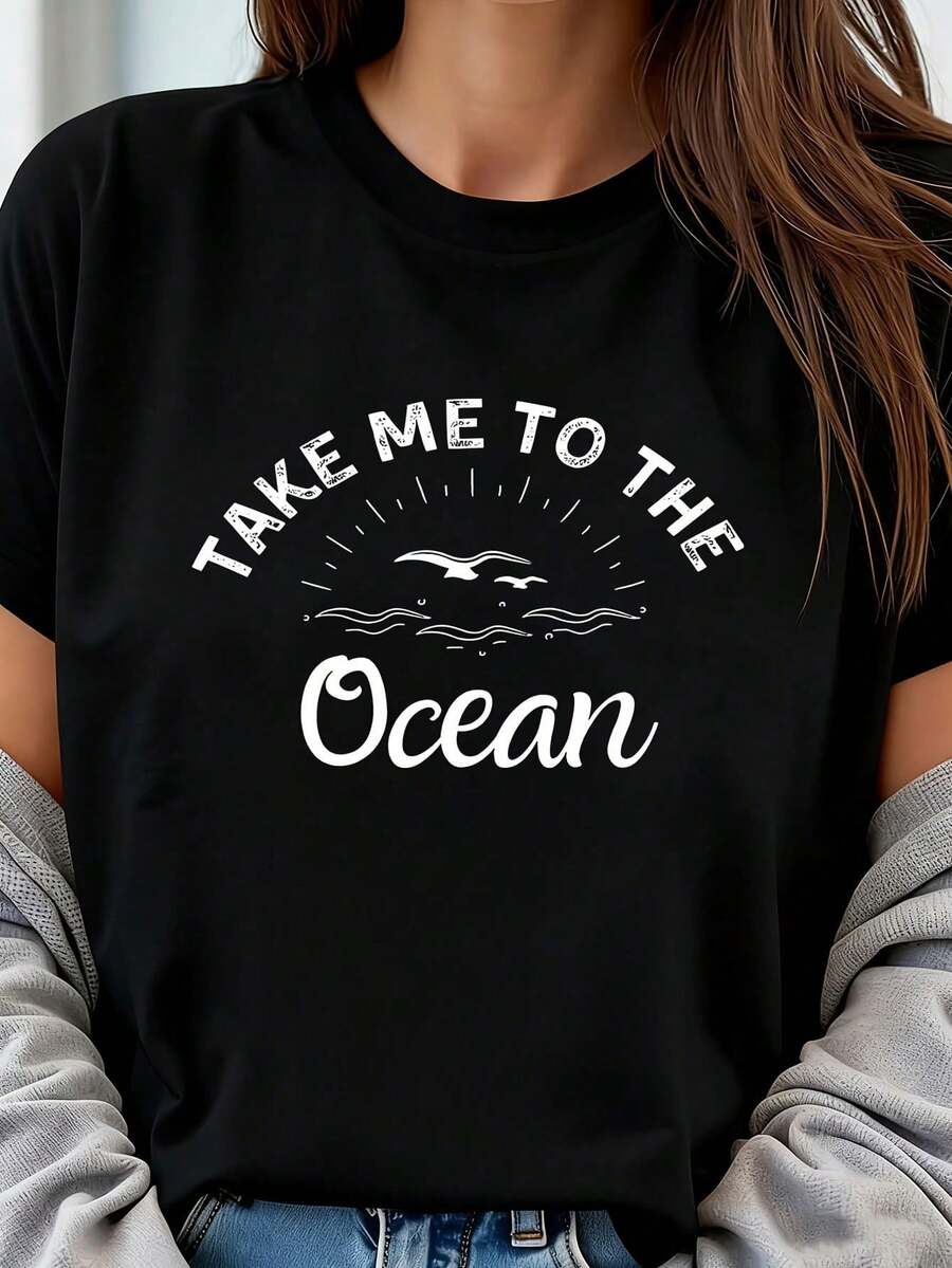 I Love Destin Beach Florida FL Atlantic Ocean Wave 1 Piece Women's Plus Size T-Shirt, 220g Short Sleeve Graphic Tee, Novelty, 100% Polyester, Casual Cue T-Shirt - 黑色 - 查看 1